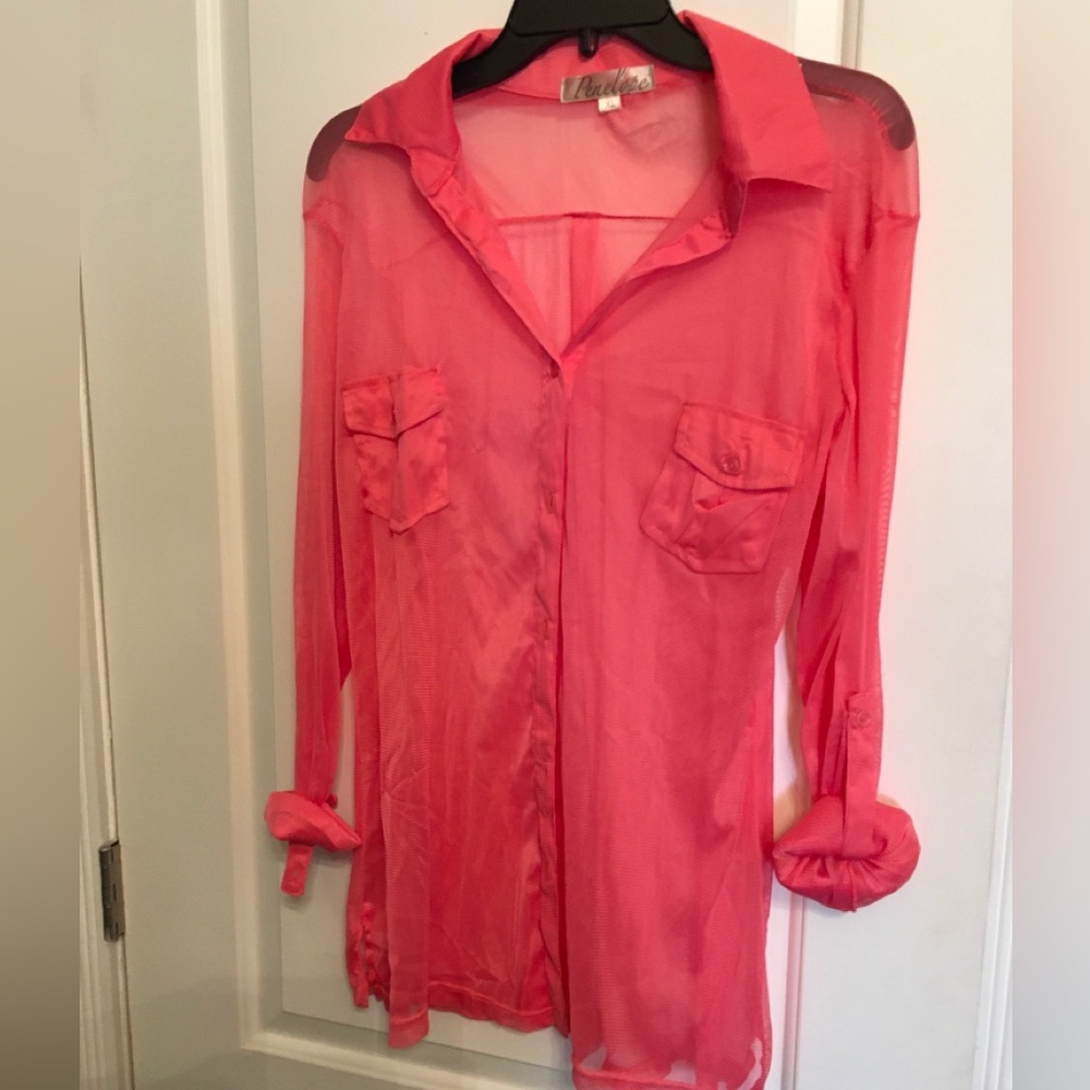 Sheer Hot Pink Button-Up Blouse, or swimsuit cover. NEW never worn. XL